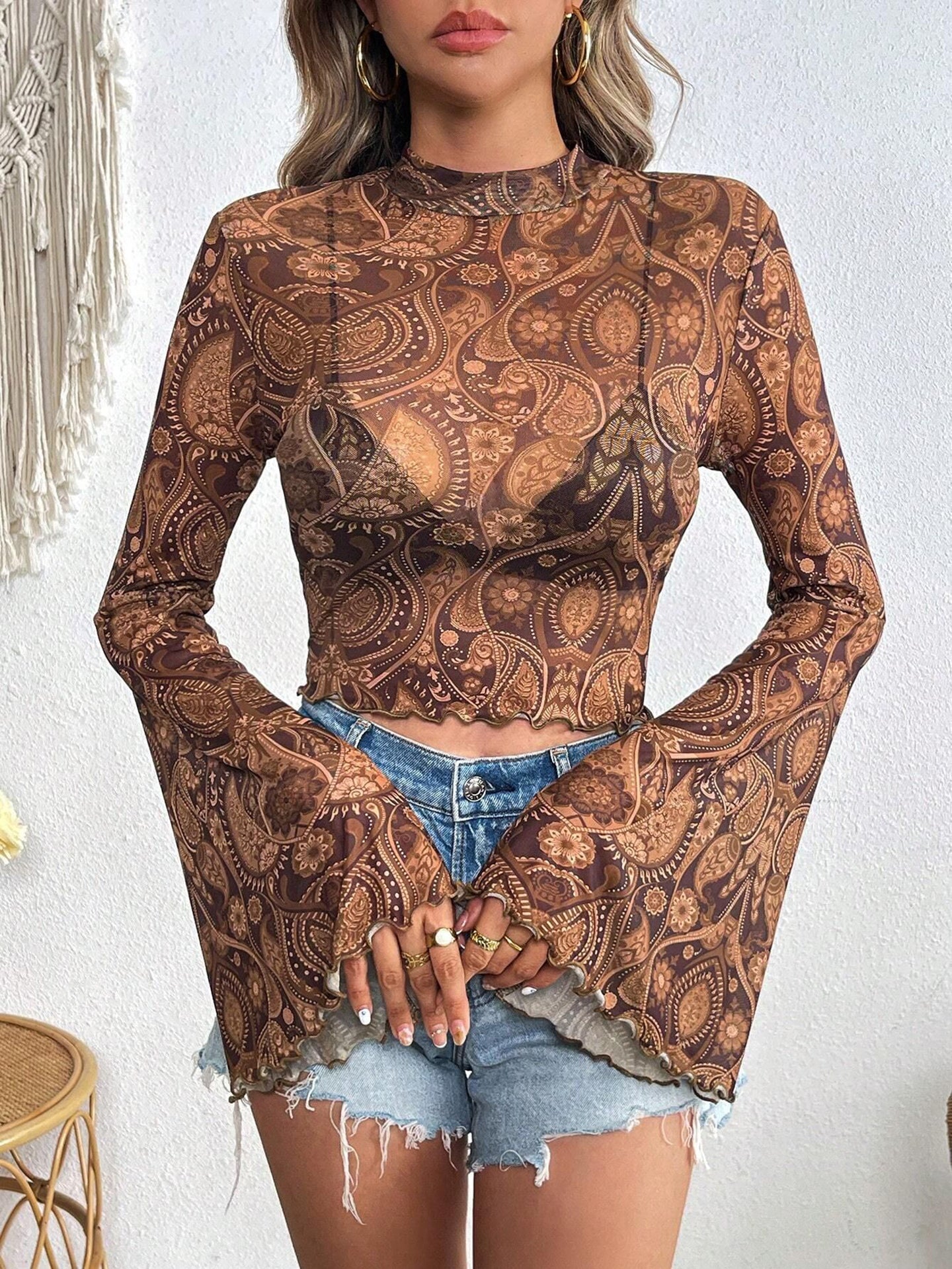 Print Bell Sleeve Crepe Crop Top