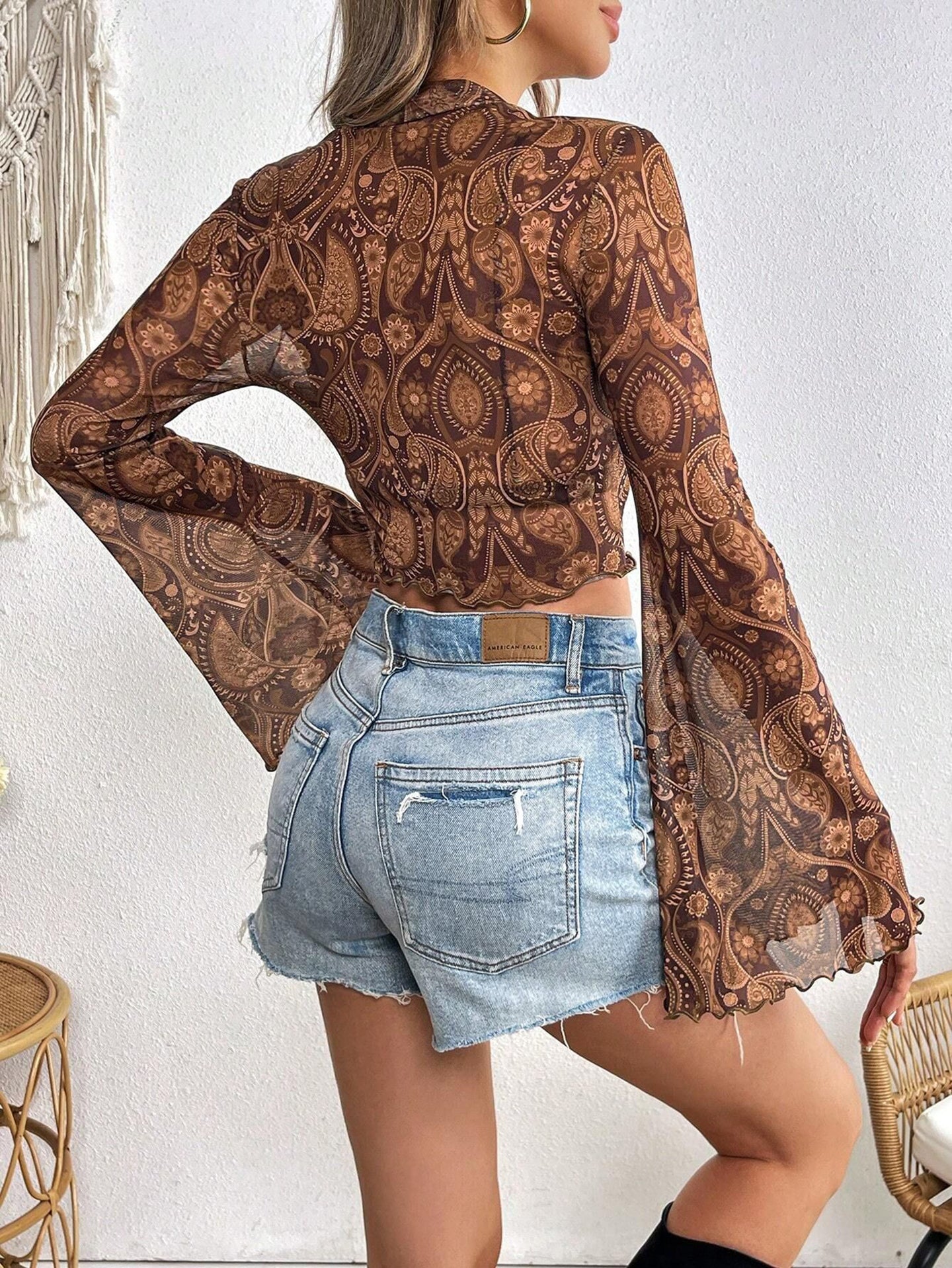 Print Bell Sleeve Crepe Crop Top