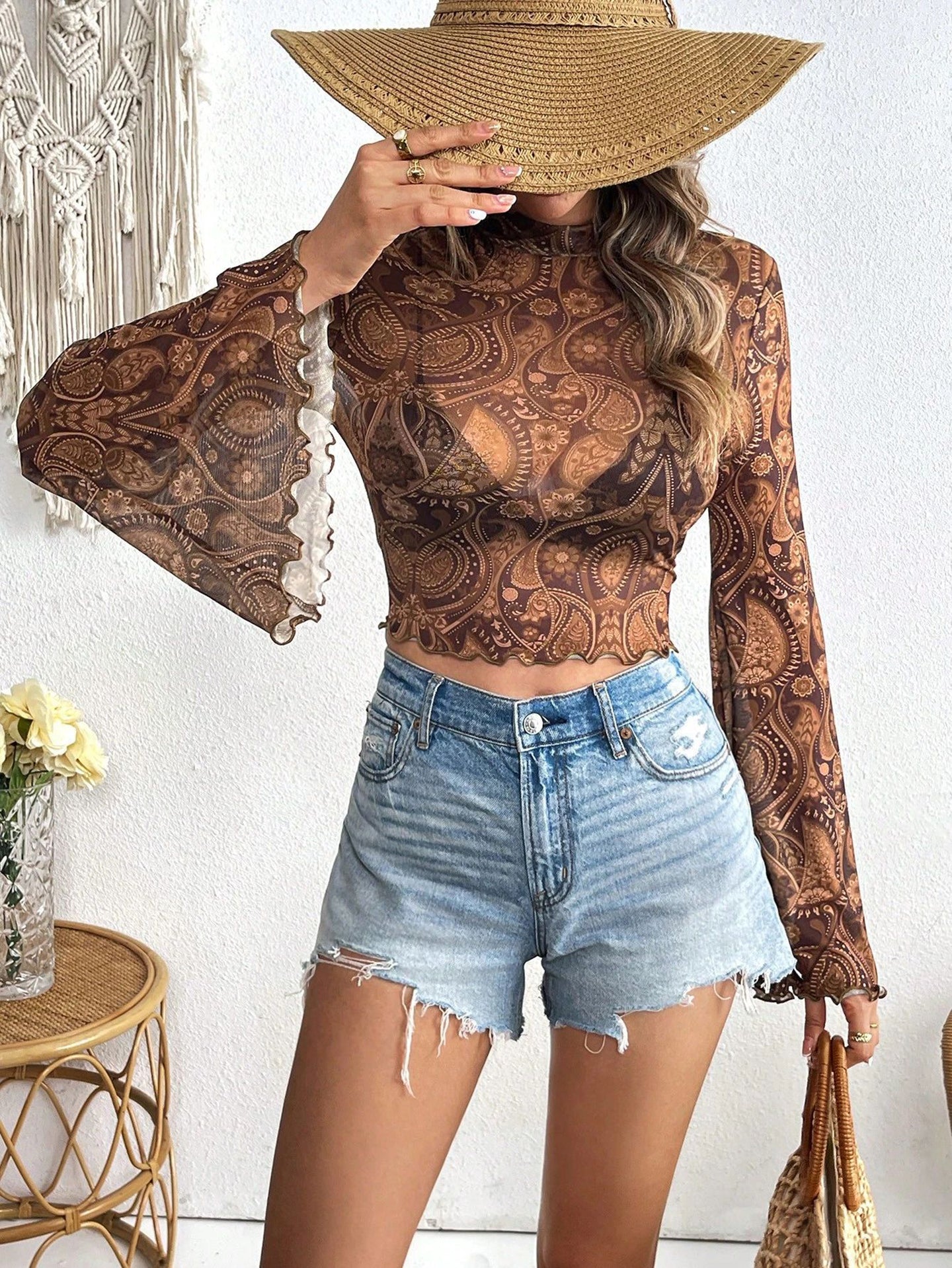 Print Bell Sleeve Crepe Crop Top