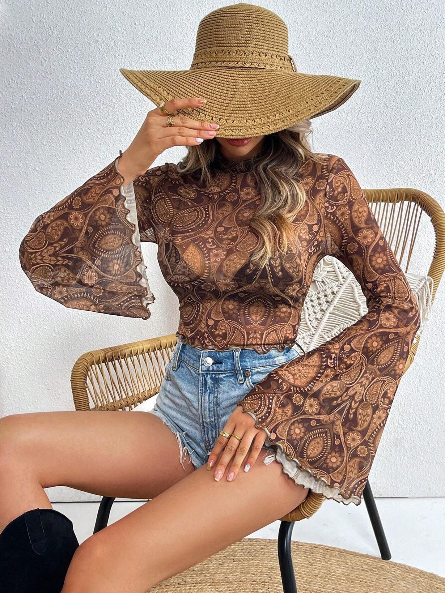 Print Bell Sleeve Crepe Crop Top