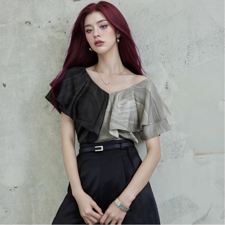 Women Abstract Colourblocked Ruffles Regular Top