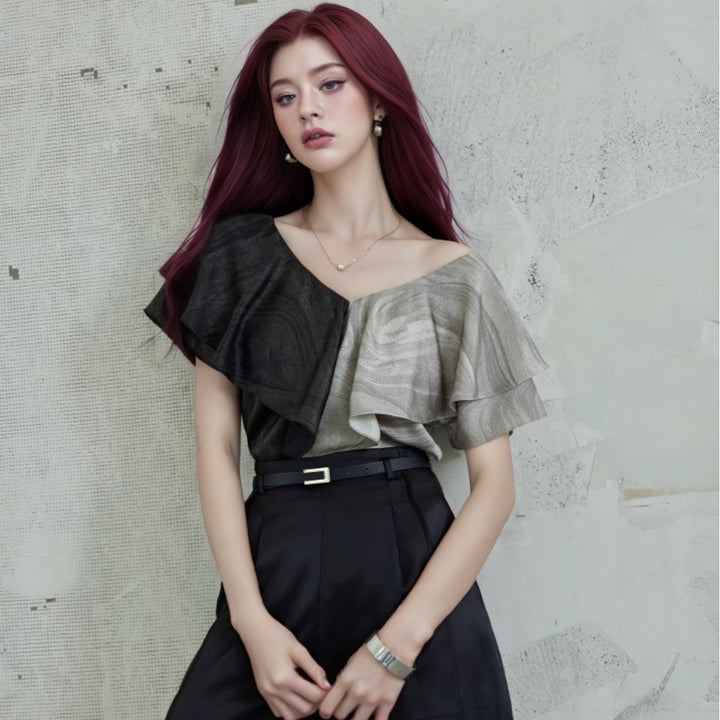 Women Abstract Colourblocked Ruffles Regular Top