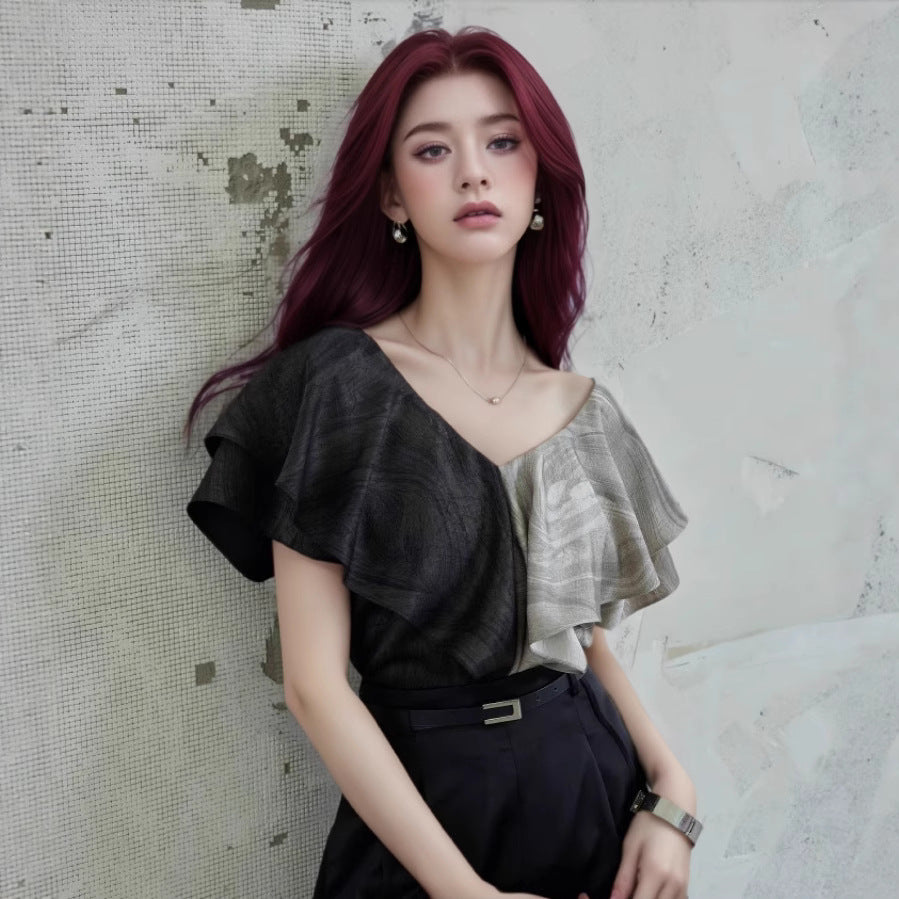 Women Abstract Colourblocked Ruffles Regular Top