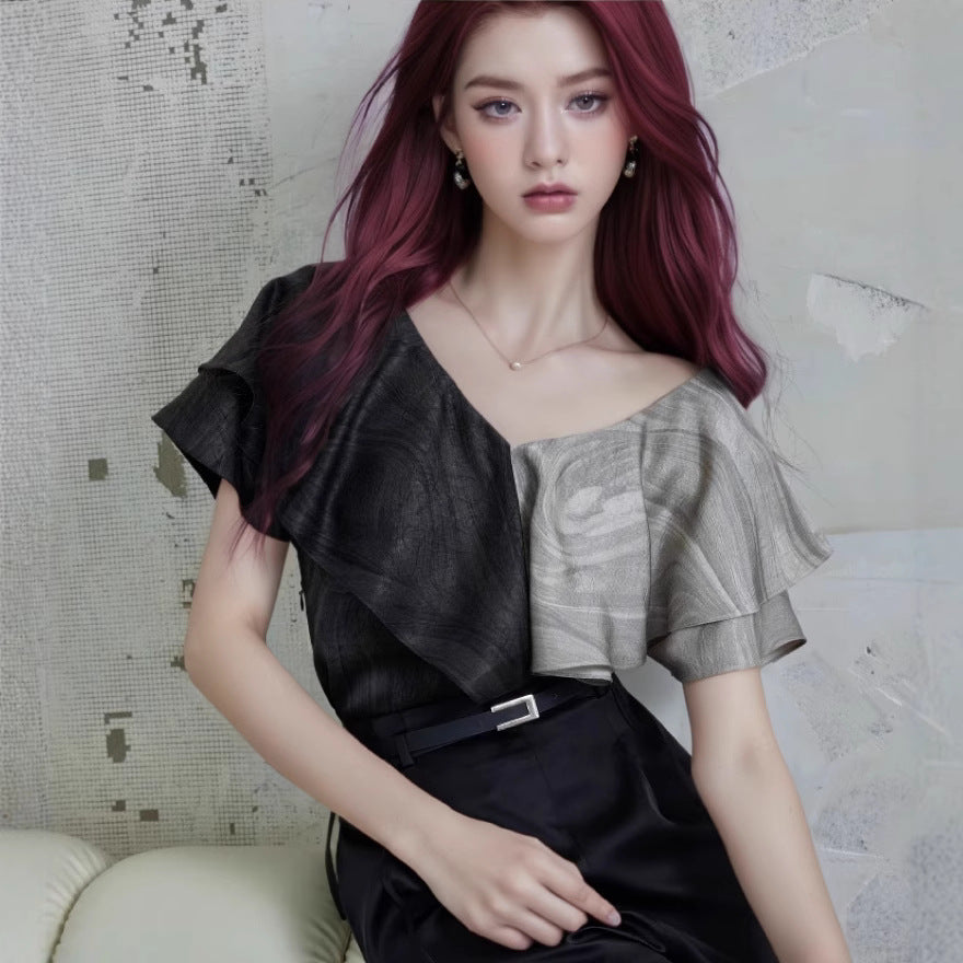 Women Abstract Colourblocked Ruffles Regular Top