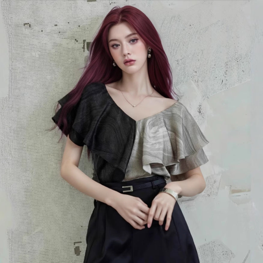Women Abstract Colourblocked Ruffles Regular Top