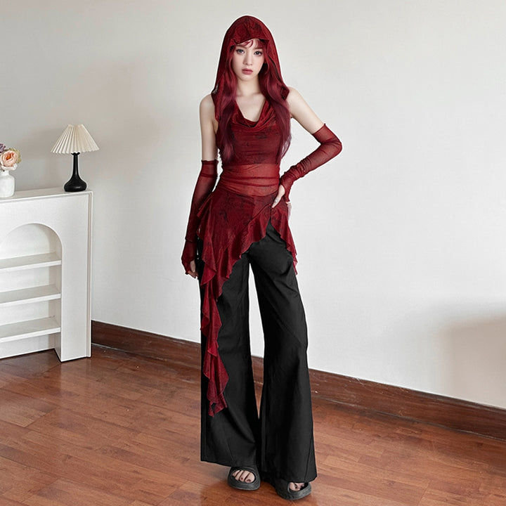 Women Hooded Ruffles Longline Top