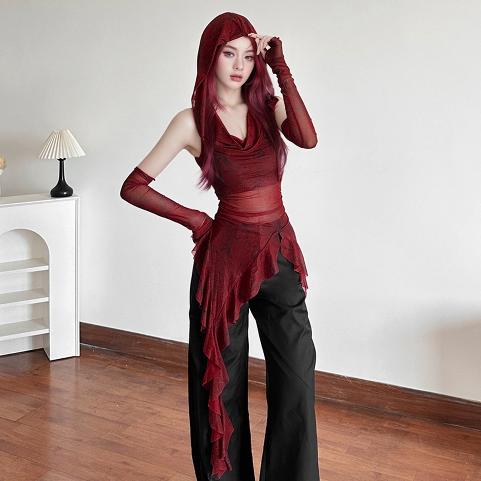 Women Hooded Ruffles Longline Top