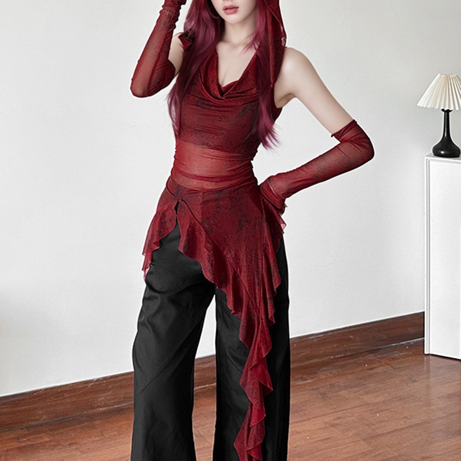 Women Hooded Ruffles Longline Top