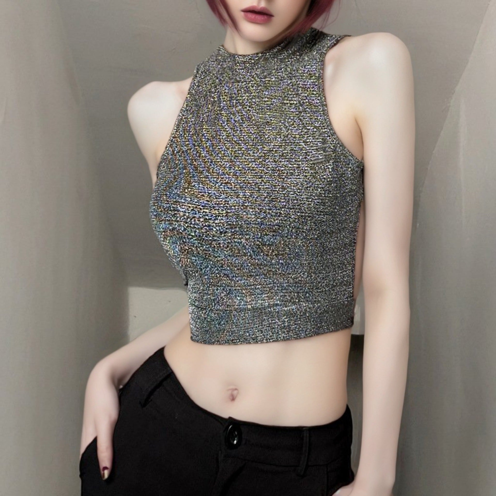 Women Embellished High Neck Crop Top
