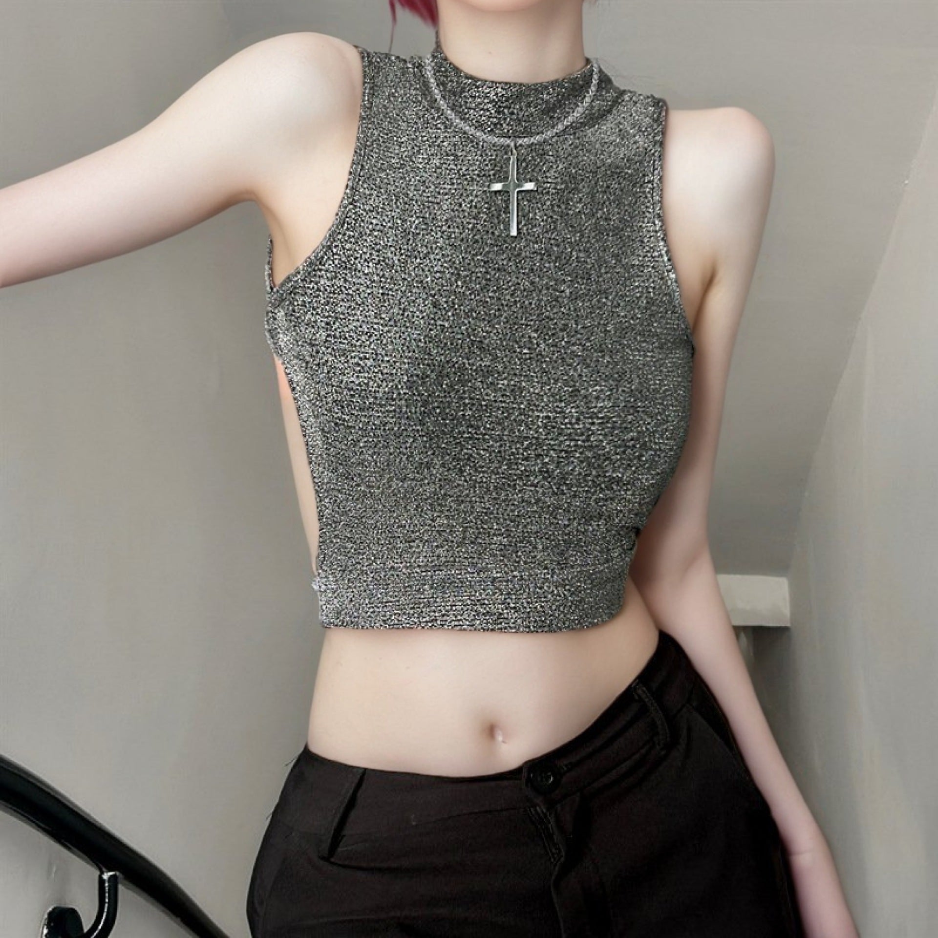 Women Embellished High Neck Crop Top