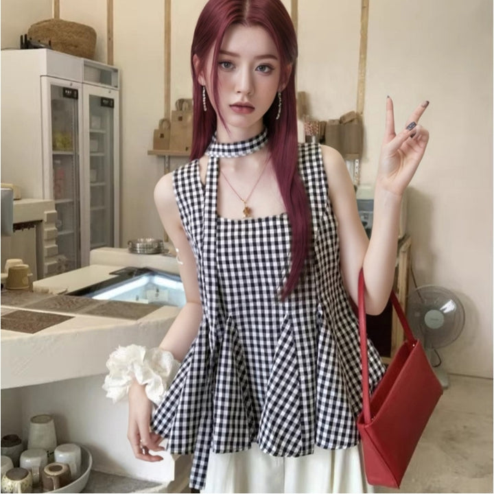 Checked Square Neck Peplum Top