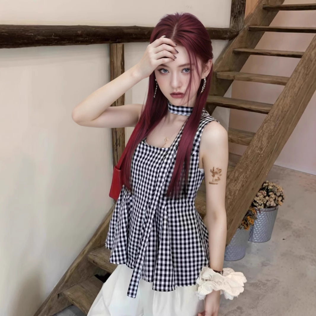 Checked Square Neck Peplum Top