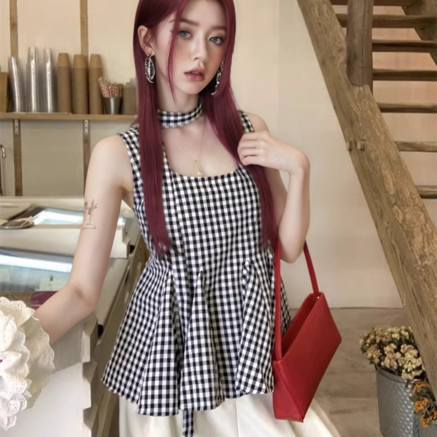 Checked Square Neck Peplum Top