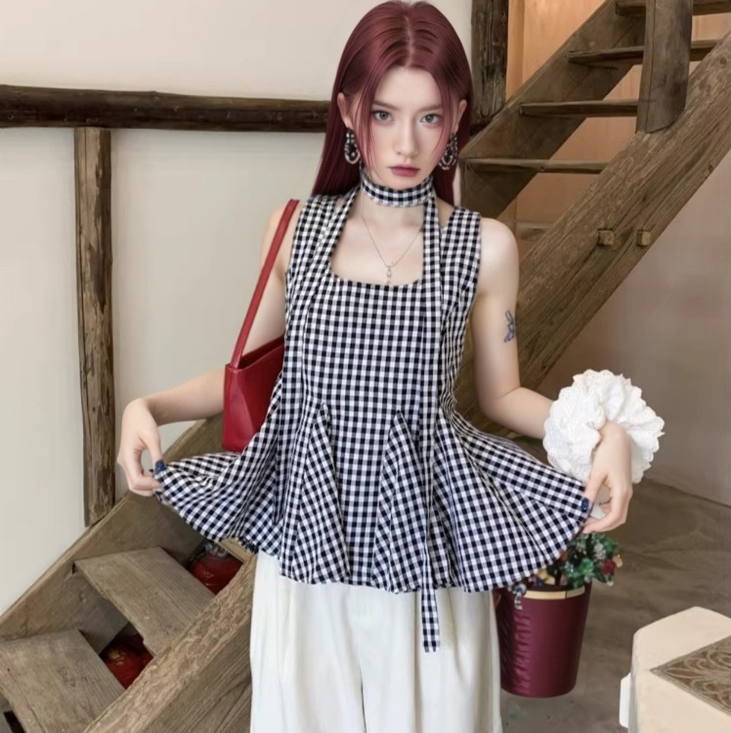 Checked Square Neck Peplum Top