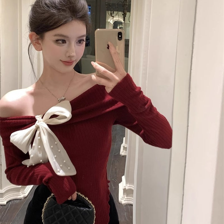 Women Off-Shoulder Extended Sleeves Bow Top