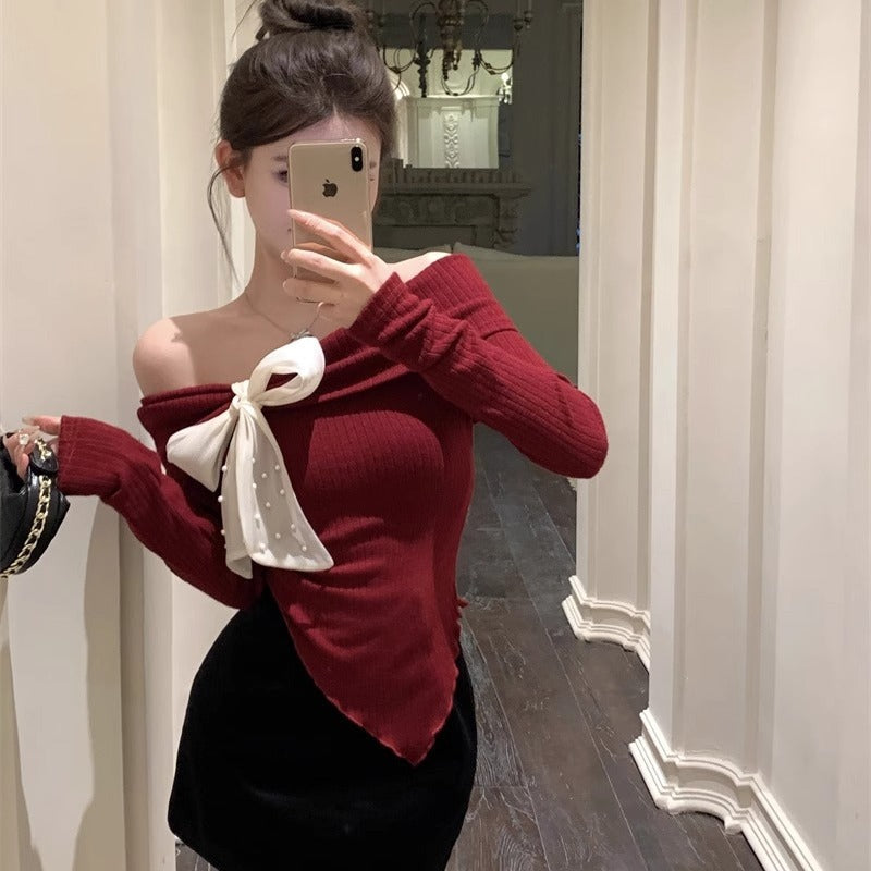 Women Off-Shoulder Extended Sleeves Bow Top