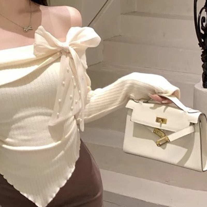 Women Off-Shoulder Extended Sleeves Applique Top