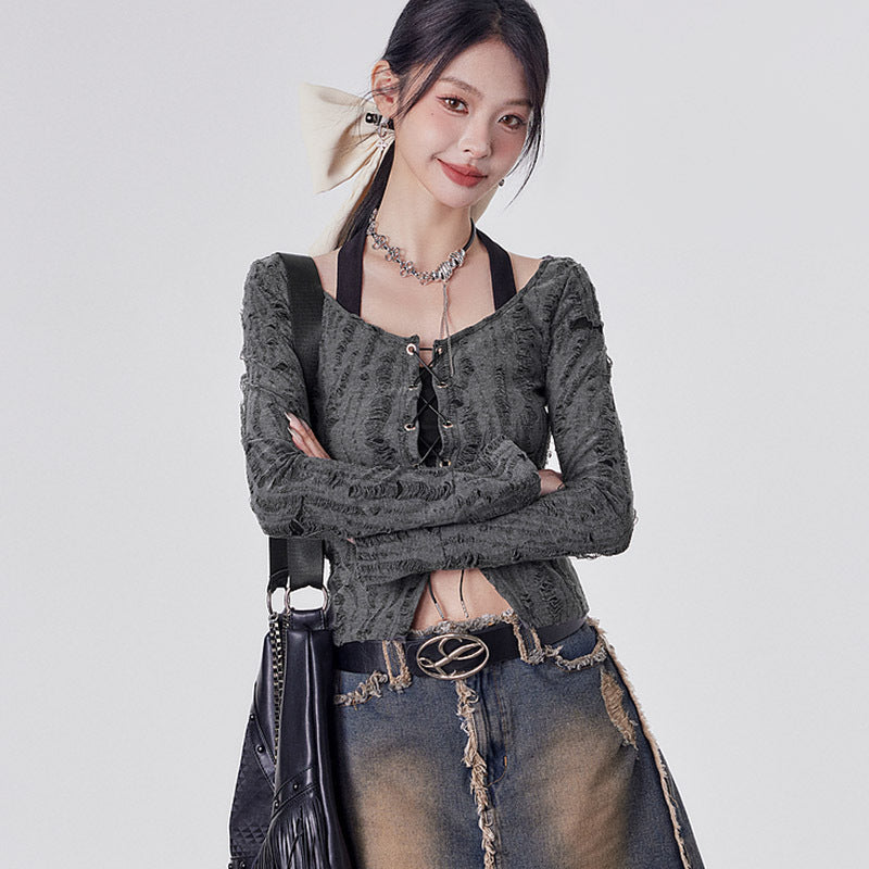 Women Tie-Up Neck Cut Out Crop Top