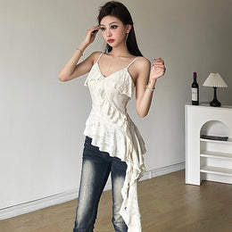 Women V-Neck Ruffles High-Low Longline Top