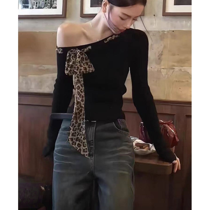 Women Ribbed One Shoulder Animal Print Top