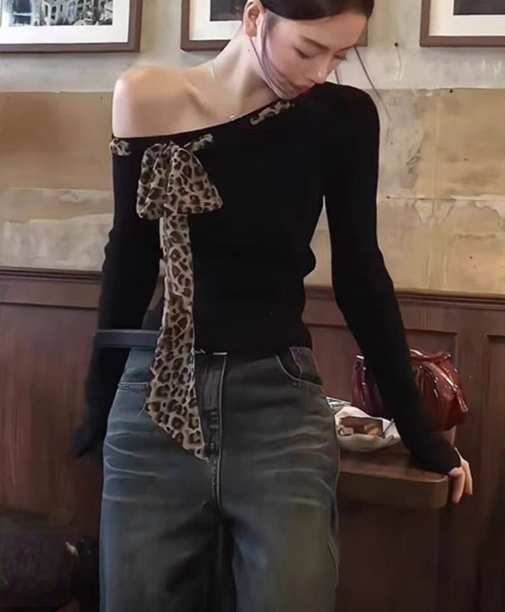 Women Ribbed One Shoulder Animal Print Top